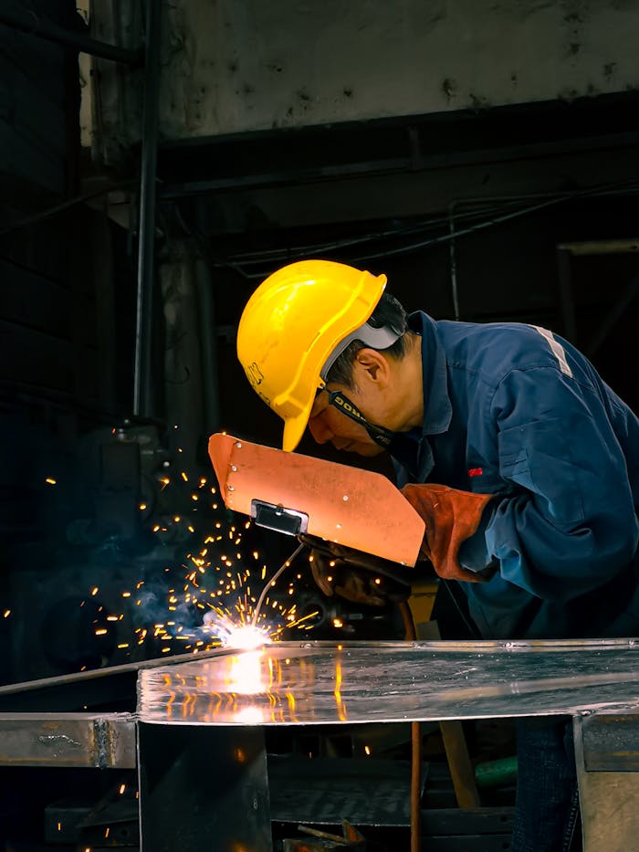 A skilled welder performs metalwork in an industrial workshop, creating sparks.